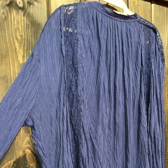 Free People Top M Georgia Lace Tunic Peasant Button Front Semi Sheer Navy Blue - Picture 10 of 13